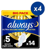 Always Ultra Sanitary Towels Secure Night Extra Size 5 Wings x14 Pads x4 Bundle