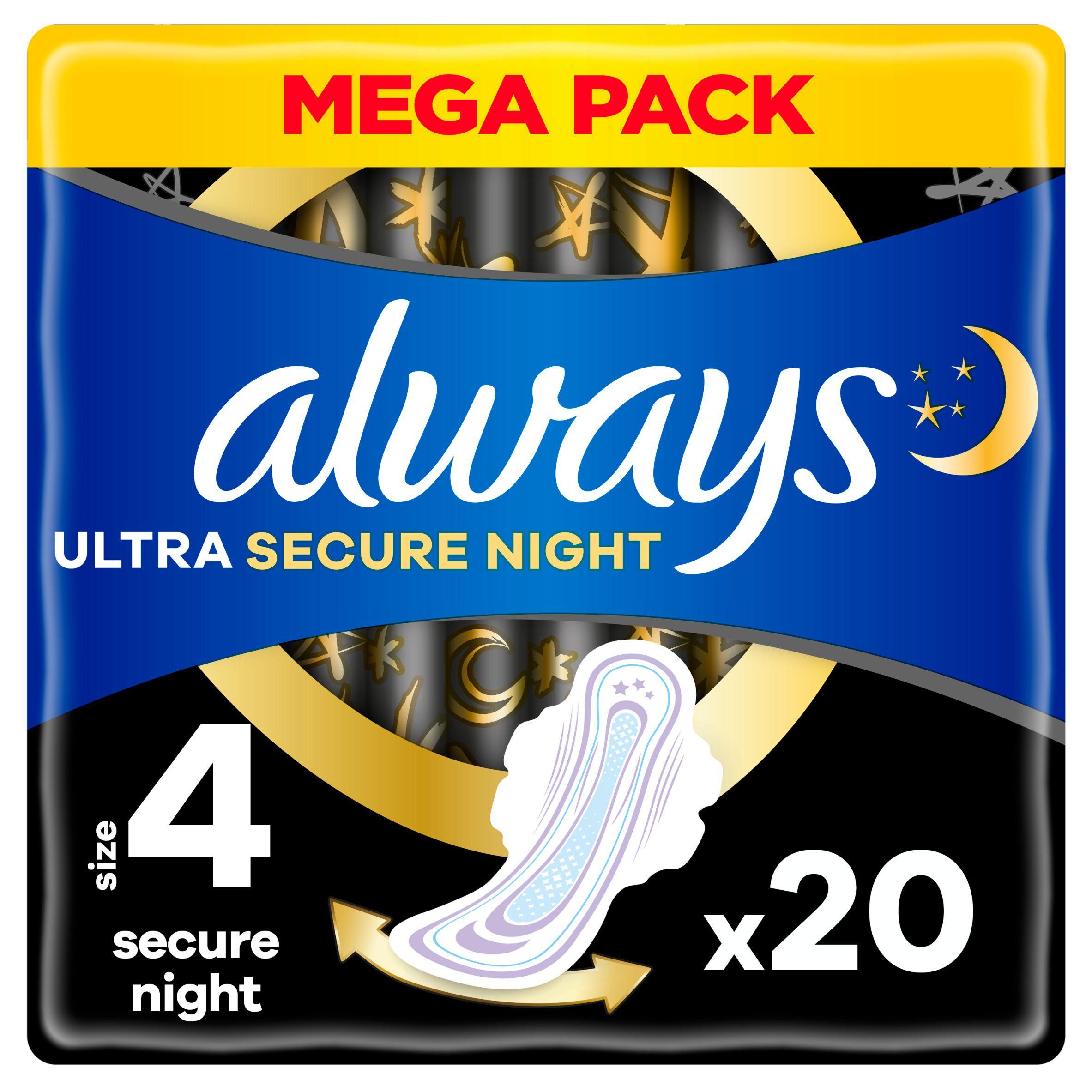 Always Ultra Sanitary Towels Secure Night with Wings, Size 4 x20 - McGrocer