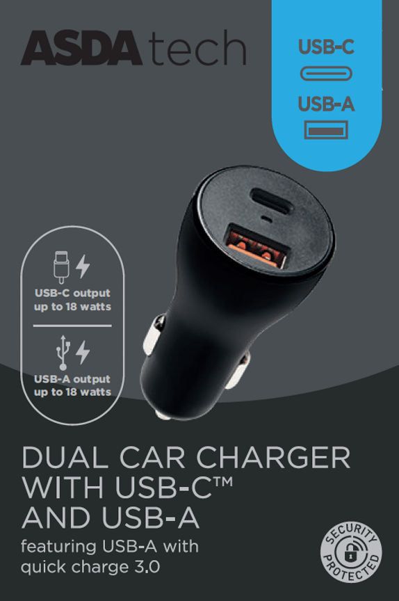 ASDA Tech In Car Charger - USB-A and USB-C 36W - McGrocer