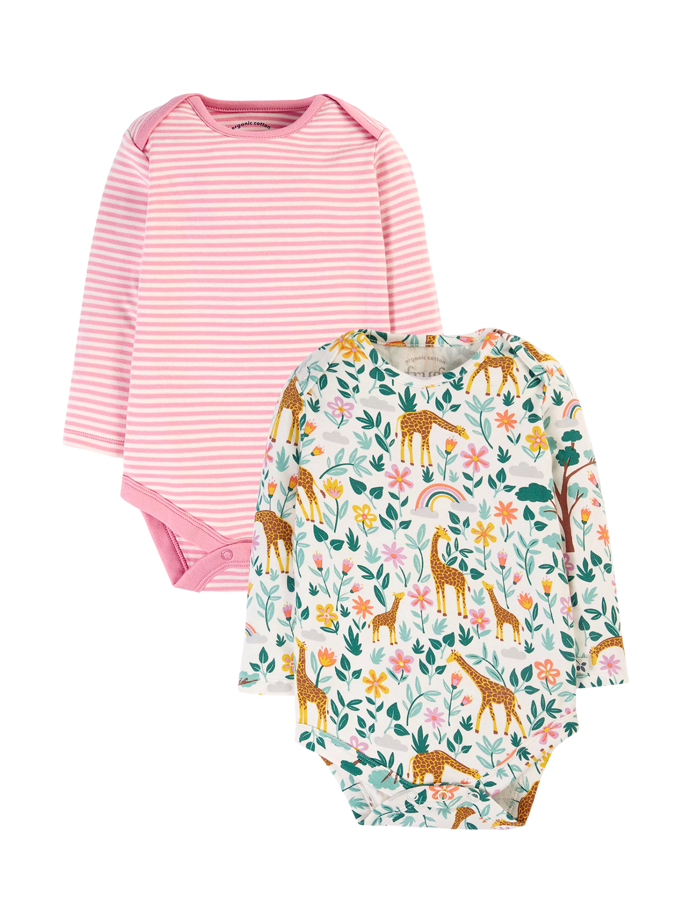 Frugi Baby Super Special Organic Cotton Bodysuits, Pack of 2, Giraffe/Cosmo Stripe - McGrocer