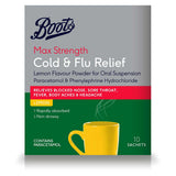 Poudre pour suspension buvable Boots Pharmaceuticals Max Strength contre le rhume et la grippe, saveur citron - 10 sachets 