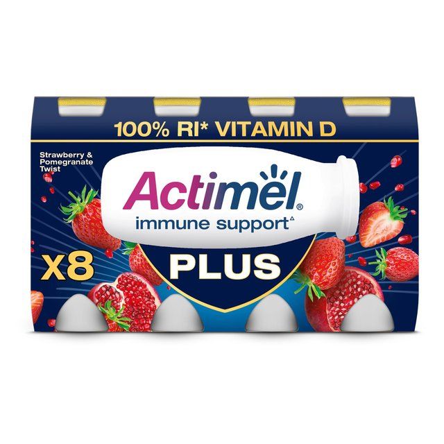 Actimel Plus 100% Vitamin D Strawberry & Pomegranate Immunity Yoghurt   8 x 100g - McGrocer