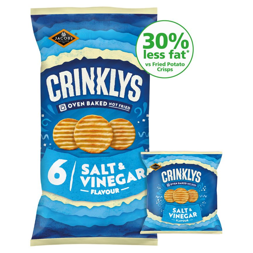 Jacob's Jacob&amp;rsquo;s Crinklys Salt &amp;amp; Vinegar 30% Less Fat Baked Snacks Multipack 6x23g, 138g