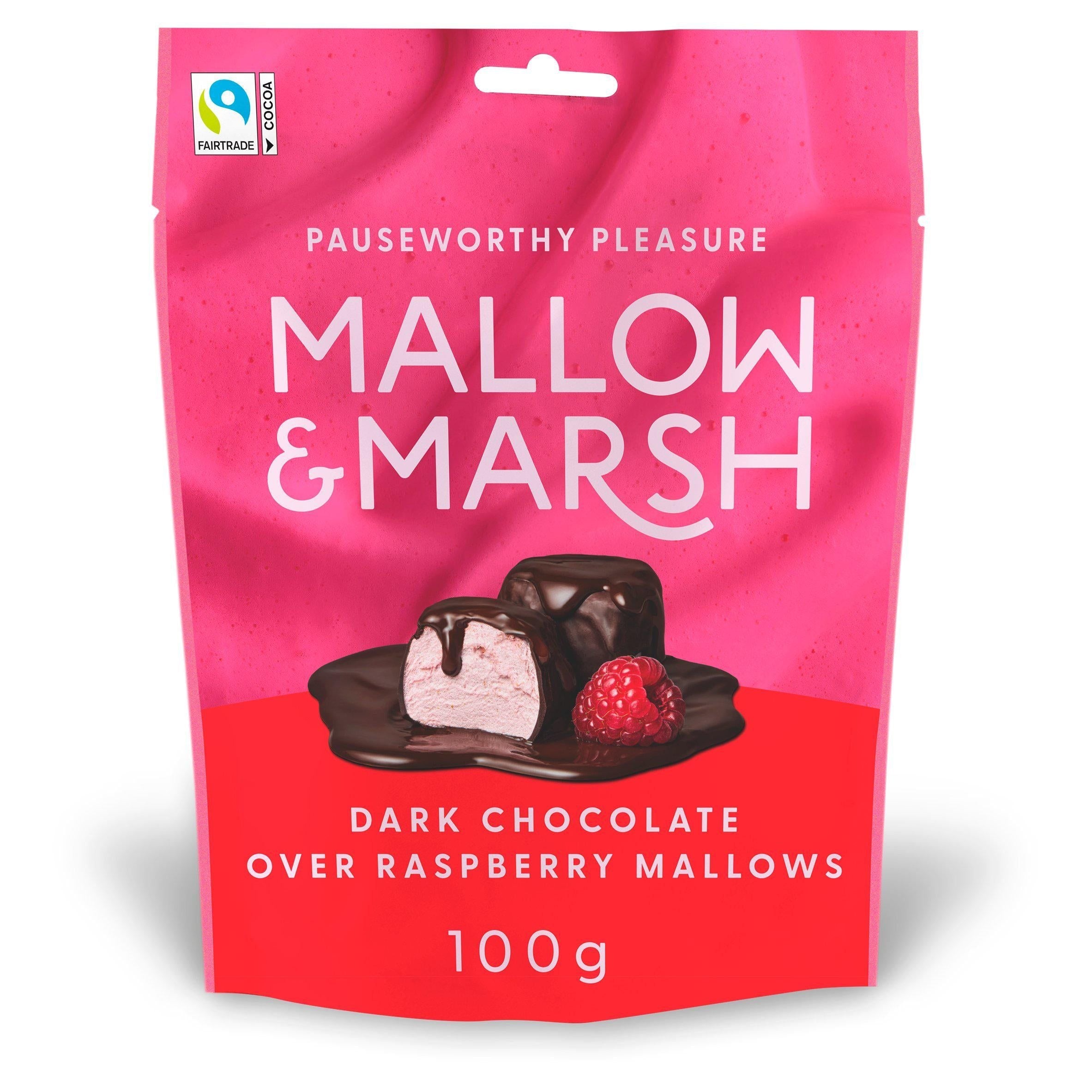 Mallow &amp;amp; Marsh Raspberry Marshmallows Coated in 70% Dark Chocolate 100g