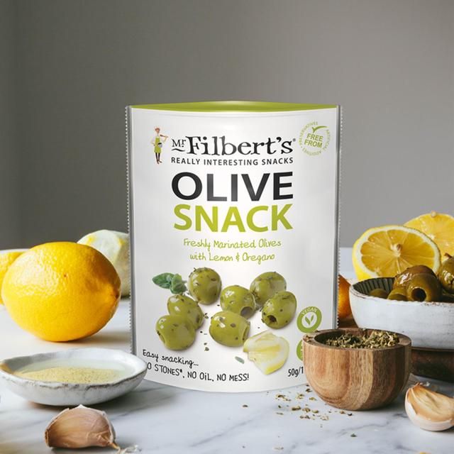 Mr Filberts Olive Snacks Green Olives with Lemon &amp;amp; Oregano   50g